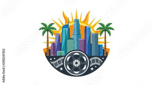 Los Angeles Skyline with Palm Trees and Film Reel - Hollywood Entertainment Concept