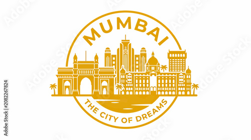 Mumbai City Skyline Silhouette with Gateway of India and Text 