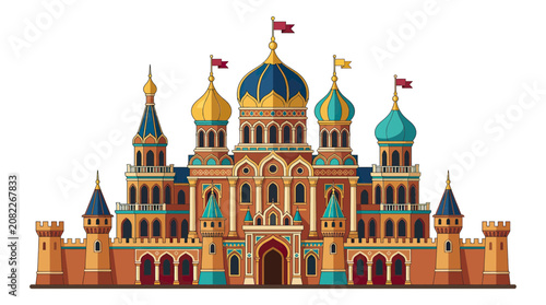 Ornate Russian Palace with Golden Domes and Flags