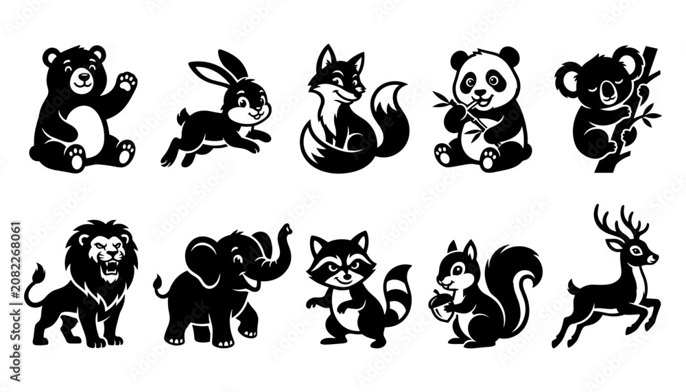 Obraz premium Animals Icon Set Featuring Playful Bear, Bunny, Cat, Panda and Deer Characters in Black Silhouette Style