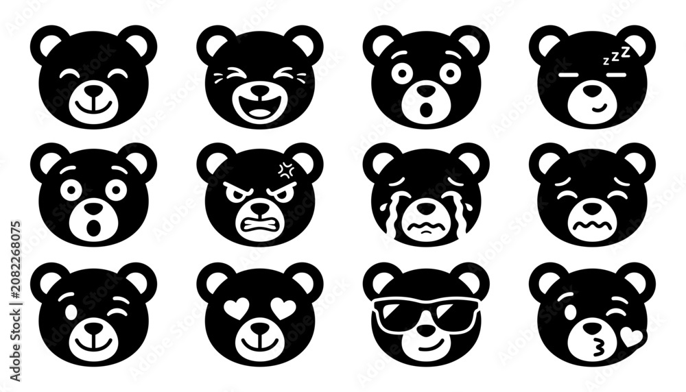 Obraz premium Bear Icon Set with Black Cartoon Faces, Hearts, and Sleeping Expressions for Playful Design and Stickers