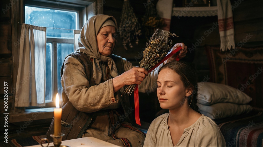 Fototapeta premium Old woman healer performing ancient hypnosis ritual on young woman. Folklore magic ceremony with dried herbs. Traditional mystical session for mind control and spiritual influence concept.