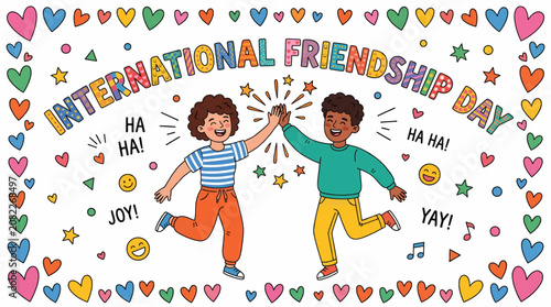 Two children celebrate friendship with high fives on colorful international friendship day illustration