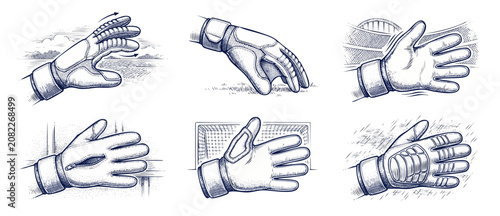 Photos Goalkeeper gloves sketch soccer illustration set showing hand protection gear in action poses like catching, defending a goal, and gripping on stadium grass