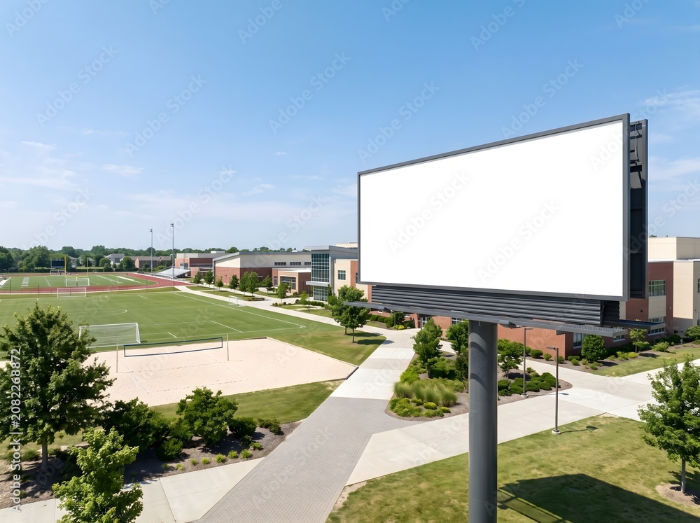 Obraz premium High angle view of a blank billboard mockup near a school sports track and field in summer