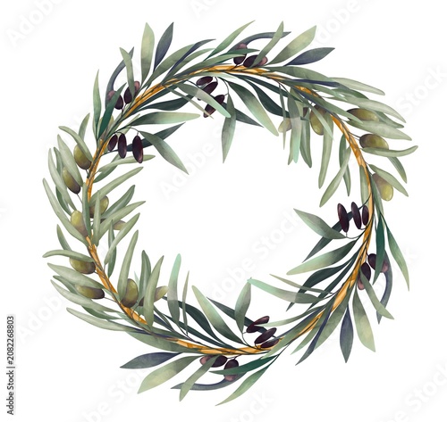 Wooden wreath decorated with Olive branches, Green and black olives, watercolor botanical Illustration 