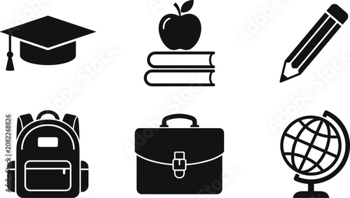  School education and academic back to school solid glyph icon set featuring graduation cap book apple pencil backpack briefcase globe isolated on white background