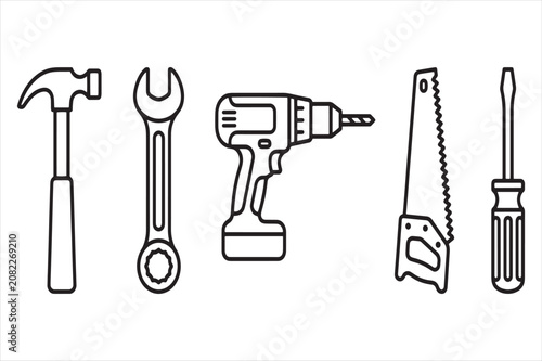 Hand tools set for construction and repair work outline icons with screwdriver