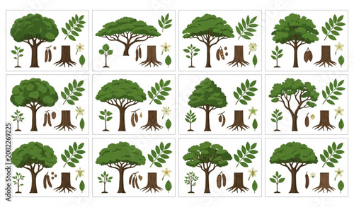 Photos Botanical tropical hardwood tree vector set with African ebony Brazilian rosewoo
