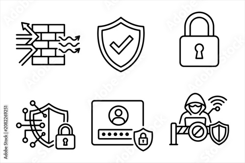 Cybersecurity and data protection outline icons for internet safety