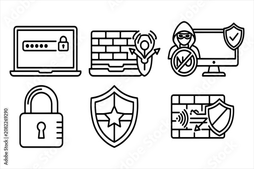 Cybersecurity protection and data defense outline icon set with cybersecurity