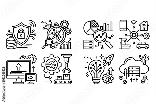 Set of digital technology and cybersecurity line icons for development concepts