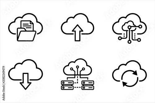 Cloud computing data management and file synchronization outline icon set
