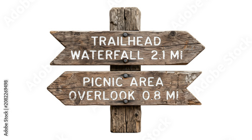 Photos Wooden signpost with rustic arrow boards pointing to a trailhead waterfall and p