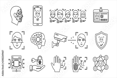 Biometric authentication and identity verification technology line icons