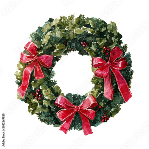Photography Christmas Wreath With Red Ribbons watercolor vector illustration, high-quality artwork isolated on a pure white background