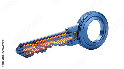 Digital key rendered as a futuristic blue metal key with glowing orange circuit board patterns embedded in the blade as a PNG on a transparent background