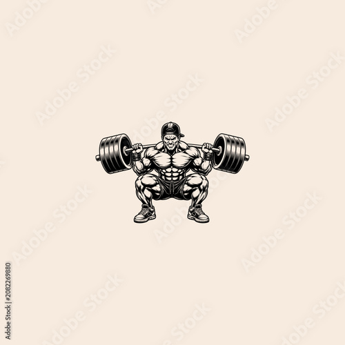 Slika na platnu Powerlifting athlete performing heavy barbell squats graphic with weightlifting