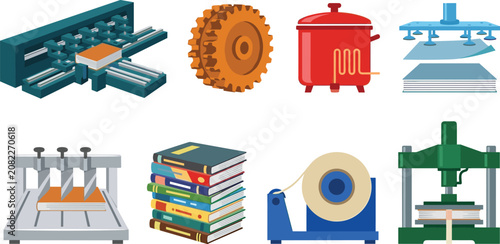 Quadro su tela Industrial Bookbinding and Commercial Printing Machinery Vector Icon Set with Pr
