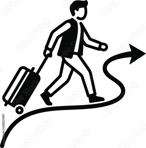 Traveler pulling a suitcase along a curved path toward an arrow with suitcase