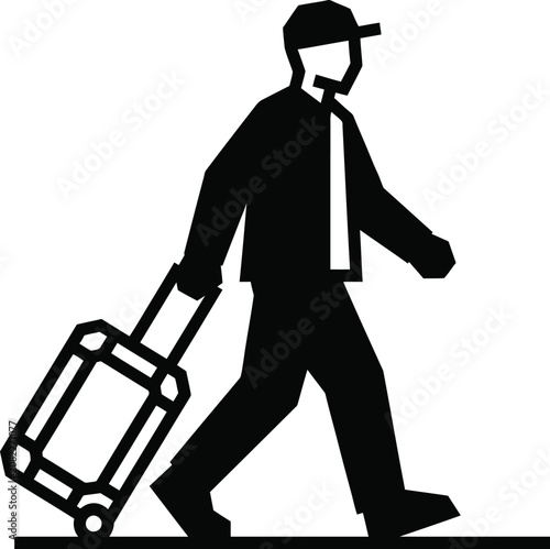 Person wearing a cap pulling a suitcase icon silhouette with suitcase, traveler