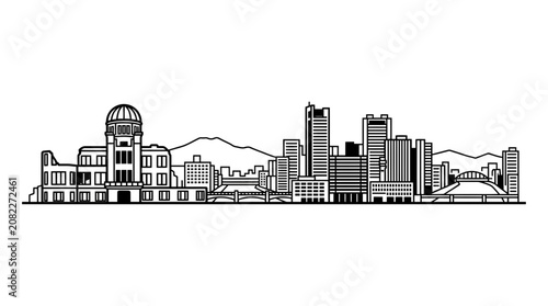 Foto Hiroshima Cityscape Skyline Outline - Black and White Line Art