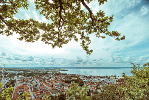 Beautiful cityscape of Huskvarna with Lake Vattern waterfront, Scandinavia.