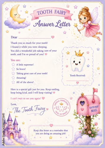 Whimsical Tooth Fairy letter template for children with cute fairy, castle, tooth, moon, and magical pastel design. Perfect for kids, parents, and special tooth loss moments.