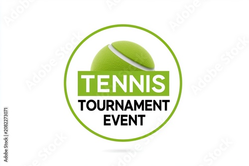 Stock illustration of a tennis tournament event emblem featuring a green tennis ball and bold text on a circular design with a clean, modern aesthetic