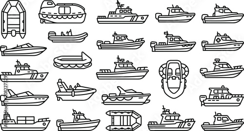 Bild auf Leinwand Water transportation and marine vessels vector line icons set featuring speedboa
