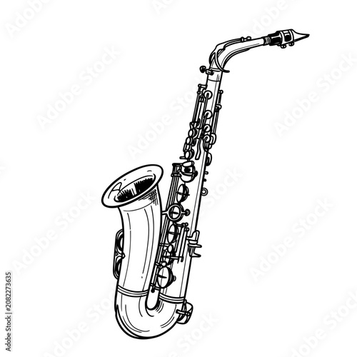 Photography Hand drawn sketch illustration of a classic brass saxophone musical instrument i