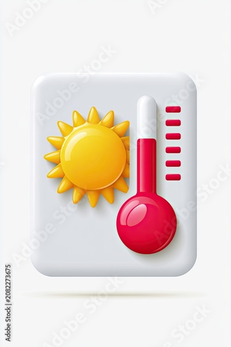 Glossy heat warning icon illustration featuring a sun and thermometer with red and yellow colors on a white background, suitable for weather-related applications