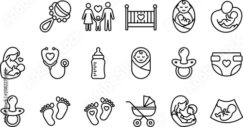 Bild auf Leinwand Minimalist Newborn Baby and Motherhood Line Art Icon Set featuring Pacifier Stro