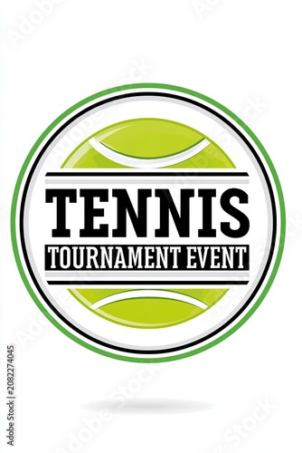 Stock illustration of a tennis tournament event emblem featuring a green tennis ball and bold typography on a circular badge design