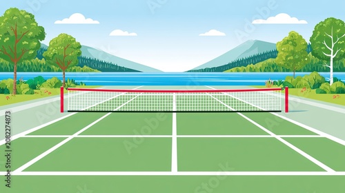 Stock illustration of an outdoor tennis court with a net, surrounded by trees and mountains, overlooking a serene lake under a clear blue sky