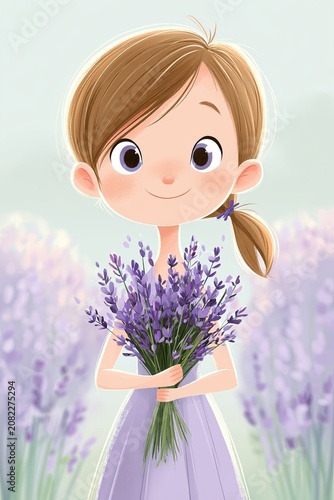 Cute illustrated little girl with brown hair holding a bouquet of lavender flowers, surrounded by a field of lavender in a soft, pastel-colored background