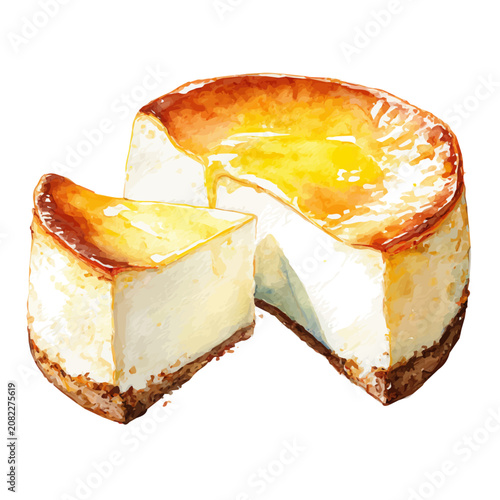 Obraz na plátně Ricotta Cheesecake watercolor vector illustration, high-quality artwork isolated on a pure white background