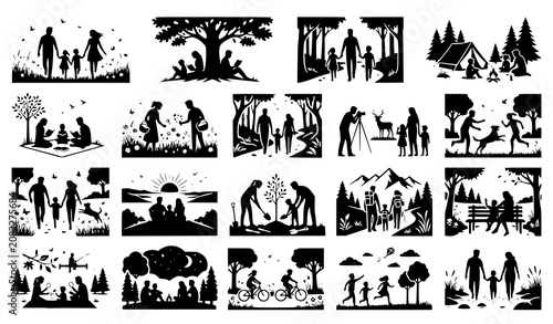 Conceptual family in nature silhouette vector set with parents children outdoor recreation and peaceful environmental lifestyle scenes isolated on white