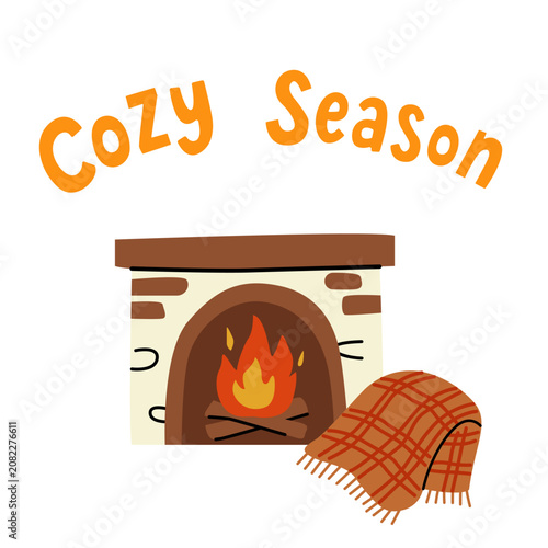 Vector illustration of a fireplace with fire and blanket in doodle style. Atmosphere of comfort and home warmth