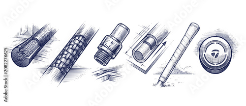 Tableau sur toile Golf shaft construction technical drawing showing carbon fiber composite layering, wrap grip installation, and adapter sleeve components in hand-drawn engraving style banner