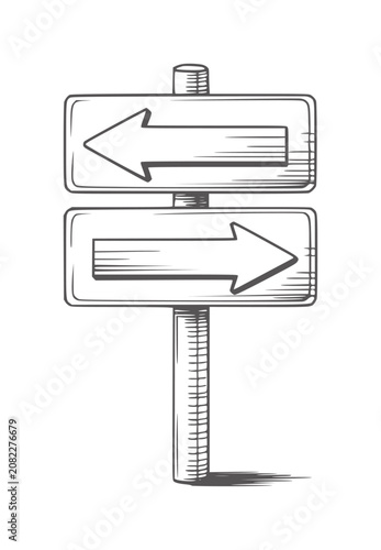 Hand drawn pencil of two directional arrows a signpost left right