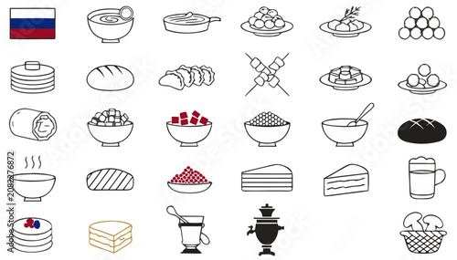 Εκτύπωση καμβά Russian food icons with flag and samovar for culinary design and cultural explor