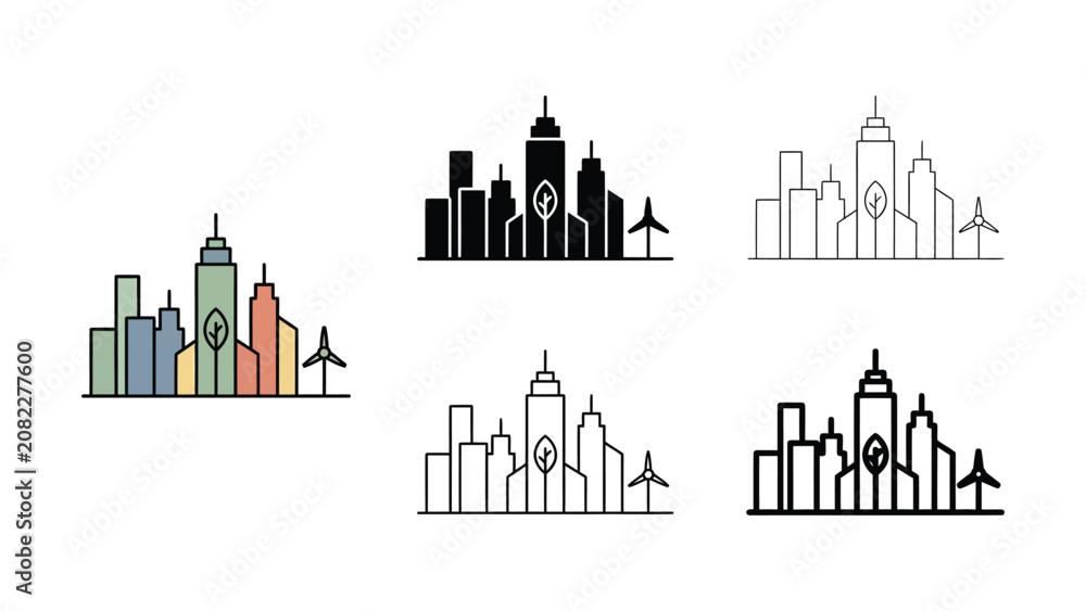 Fototapeta premium Ecofriendly city skyline with a wind turbine and leaf icon