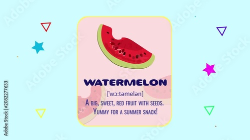 Watermelon flashcard motion graphics animation with floating geometric shapes