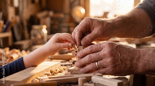 Close-up of father and child hands assembling a wooden model ship together in a warm, sunlit woodworking workshop.