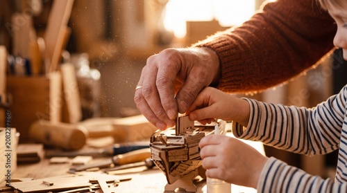 Close-up of father and child hands assembling a wooden model ship together in a warm, sunlit woodworking workshop.