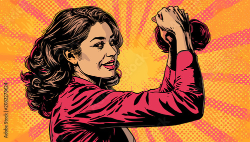 Tableau sur toile A confident woman in pop art style flexing her arm with a dumbbell against a vibrant sunburst background
