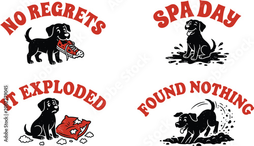Foto Set of four funny black labrador puppy with red text quotes about dog mischief o