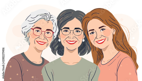 Tableau sur toile Three generations of women, grandmother, mother, and daughter, smiling happily together in a warm, illustrative portrait