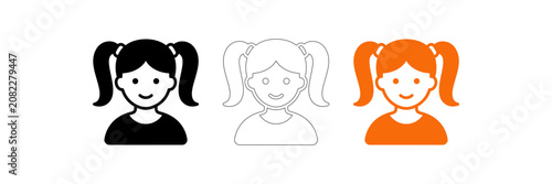 Tableau sur toile Girl with pigtails icon set black silhouette outline and solid orange versions f